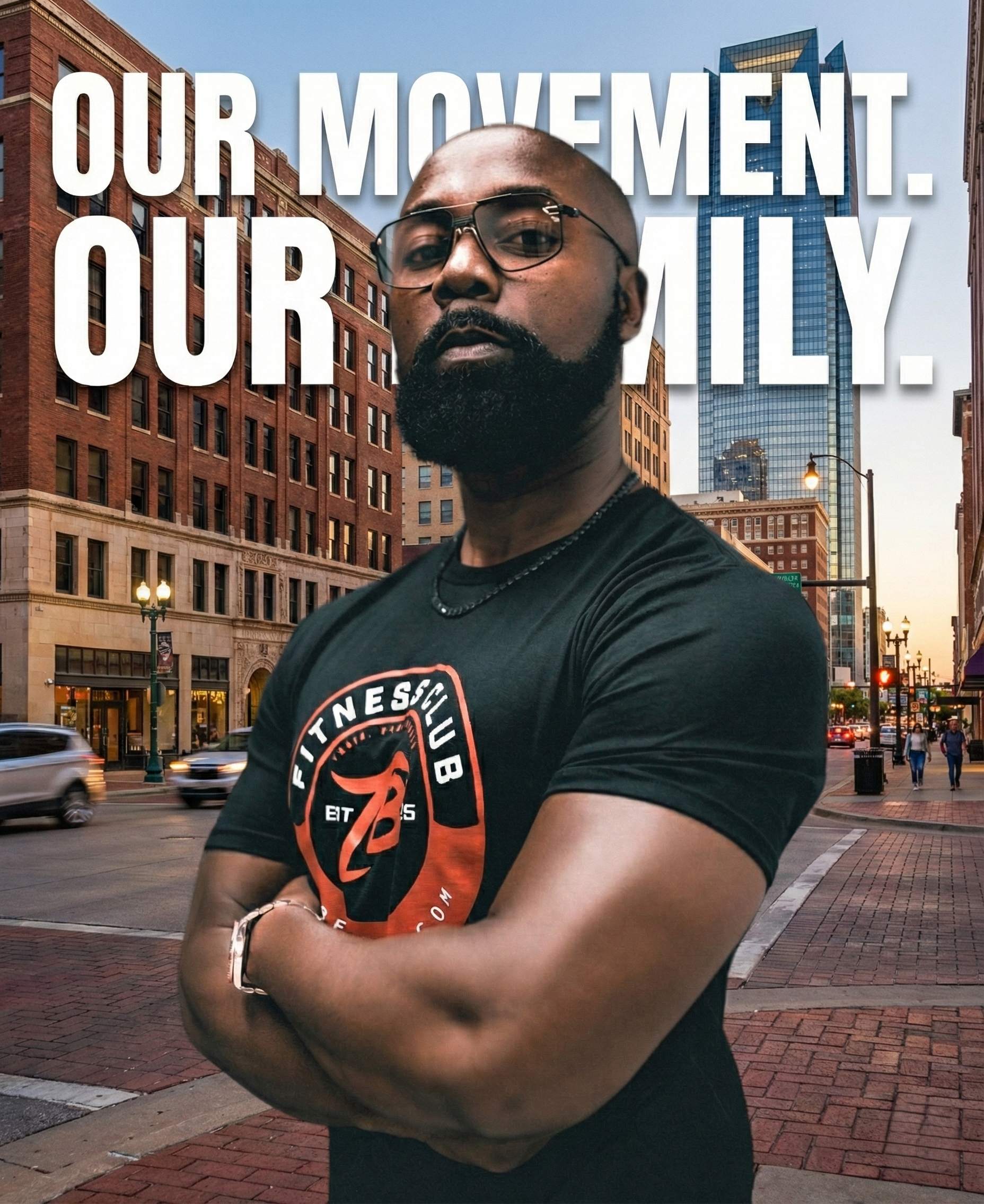 Toby Brown, founder of TB Fitness Club, wearing branded black t-shirt with orange logo, professional portrait with torn paper effect revealing Train Play Recover text